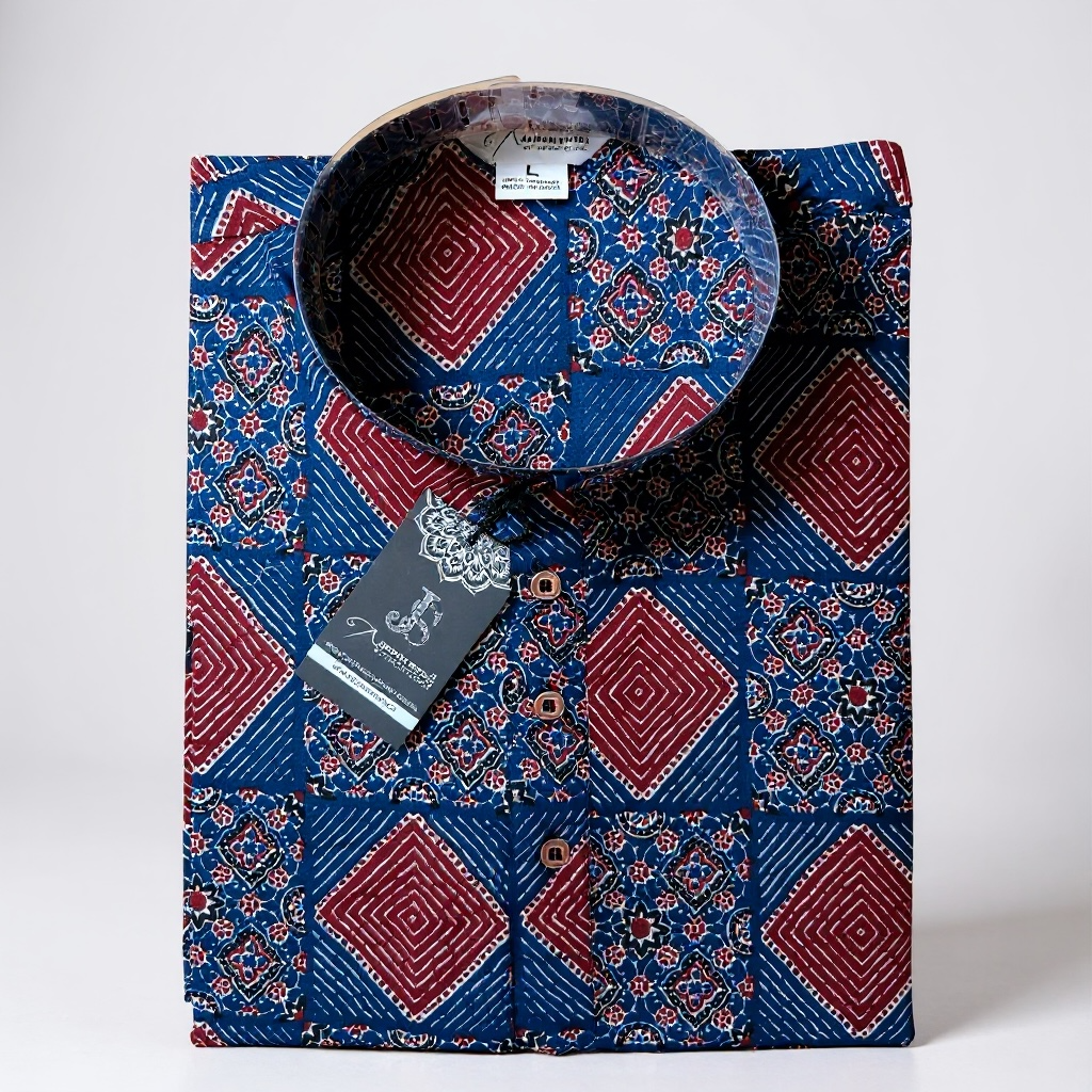 Blue And Red Geometric Printed Full Sleeves Long Kurta for Mens
