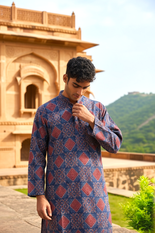 Blue And Red Geometric Printed Full Sleeves Long Kurta for Mens