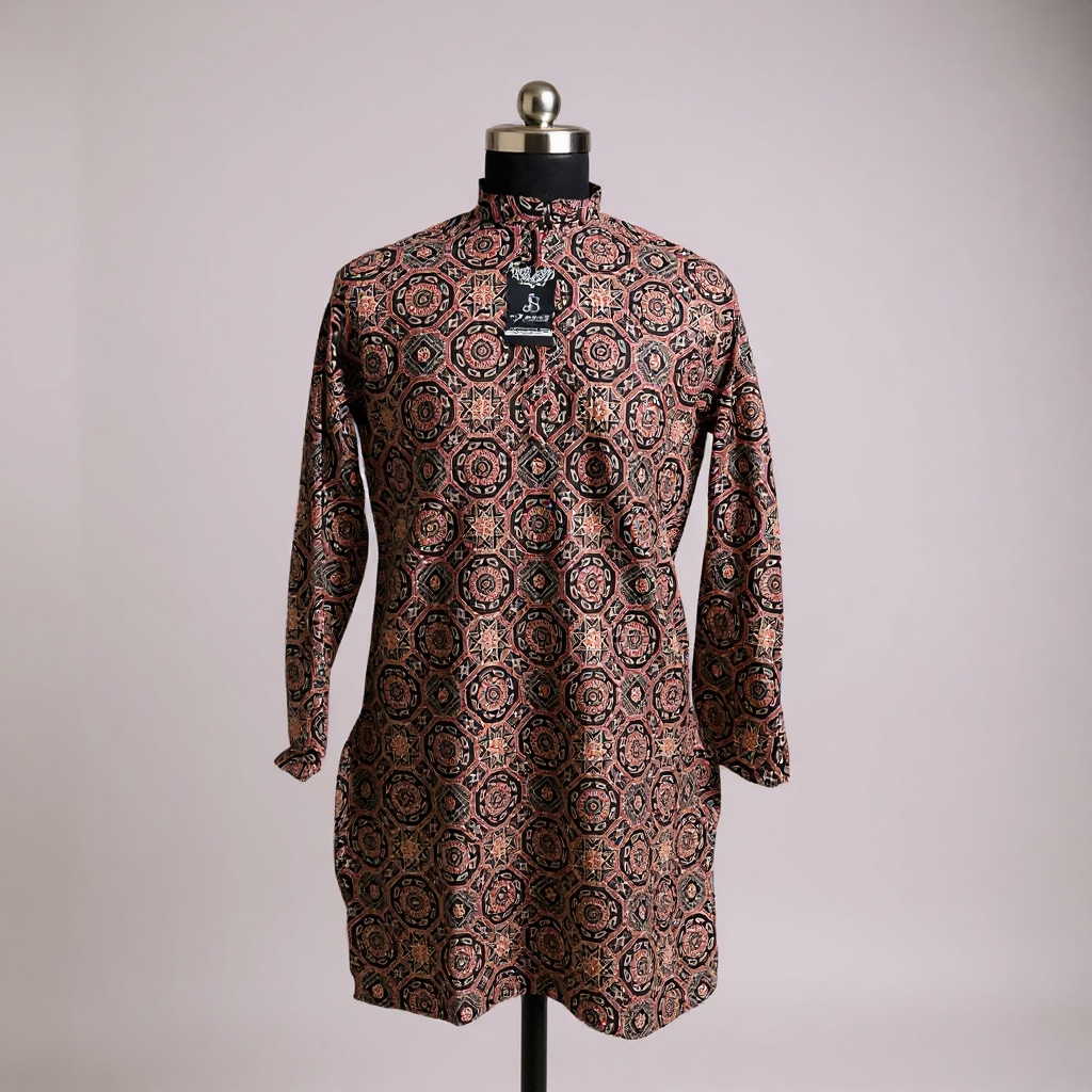 Black Ajrakh Mandala Printed Full Sleeves Long Kurta for Mens