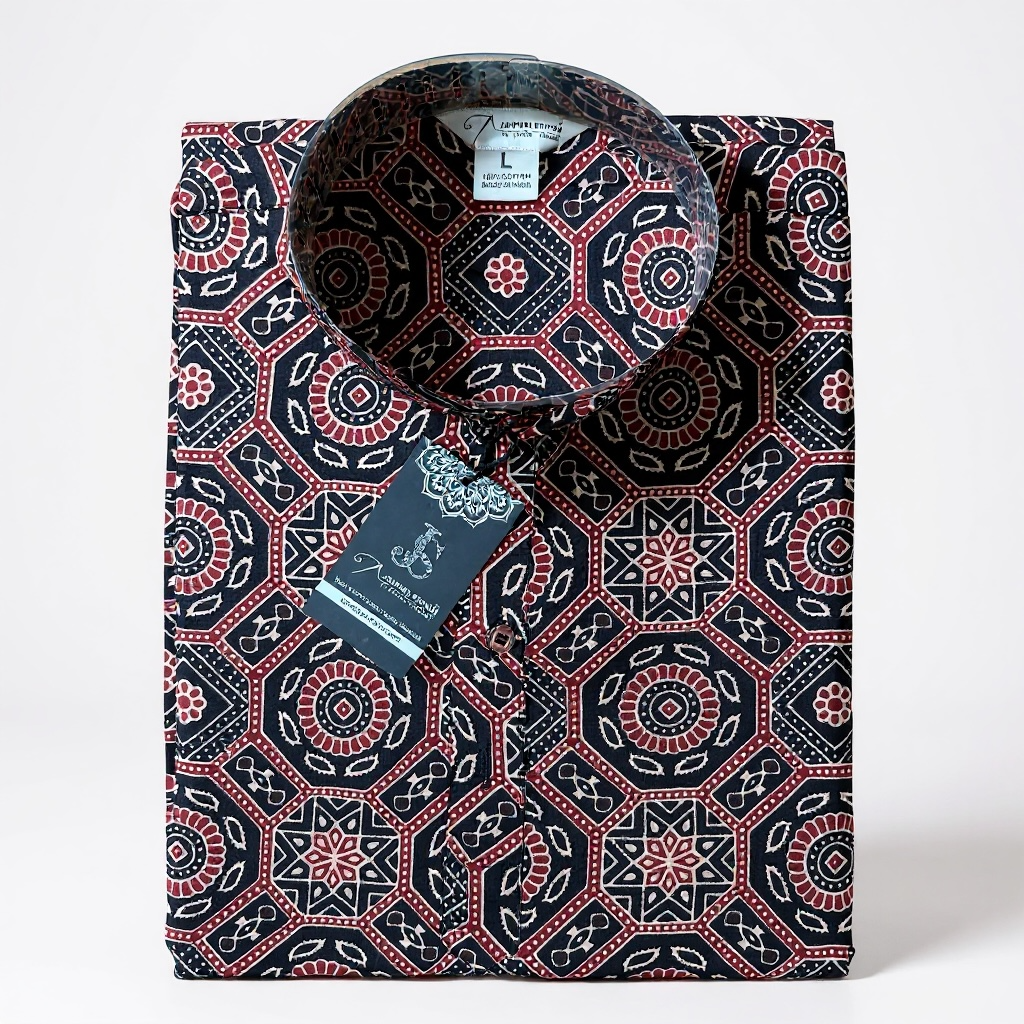 Black Ajrakh Mandala Printed Full Sleeves Long Kurta for Mens