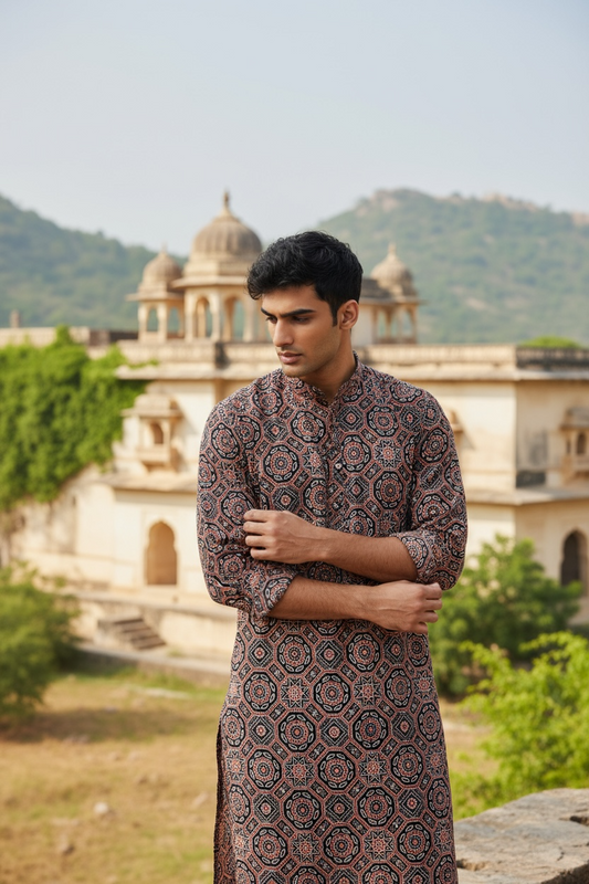 Black Ajrakh Mandala Printed Full Sleeves Long Kurta for Mens