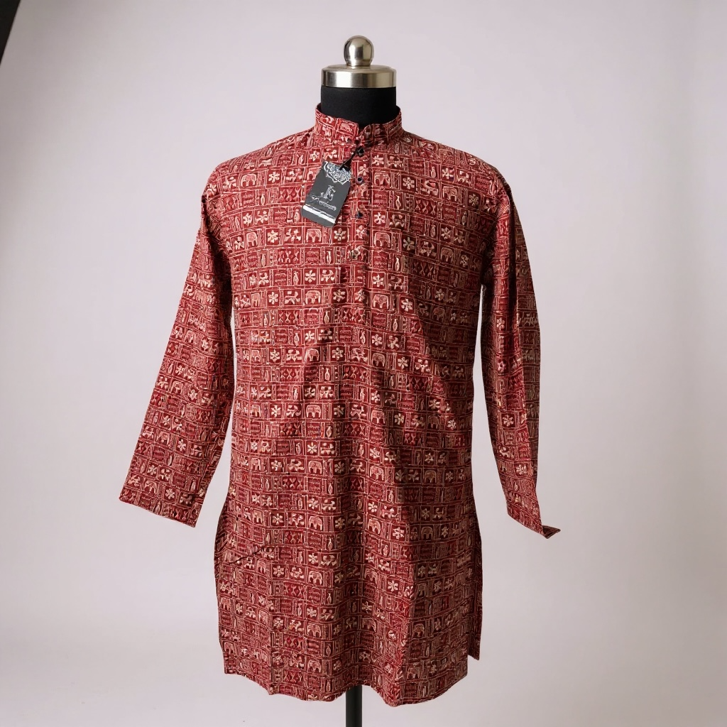 Rust Red Block Tiles Printed Full Sleeves Long Kurta for Men