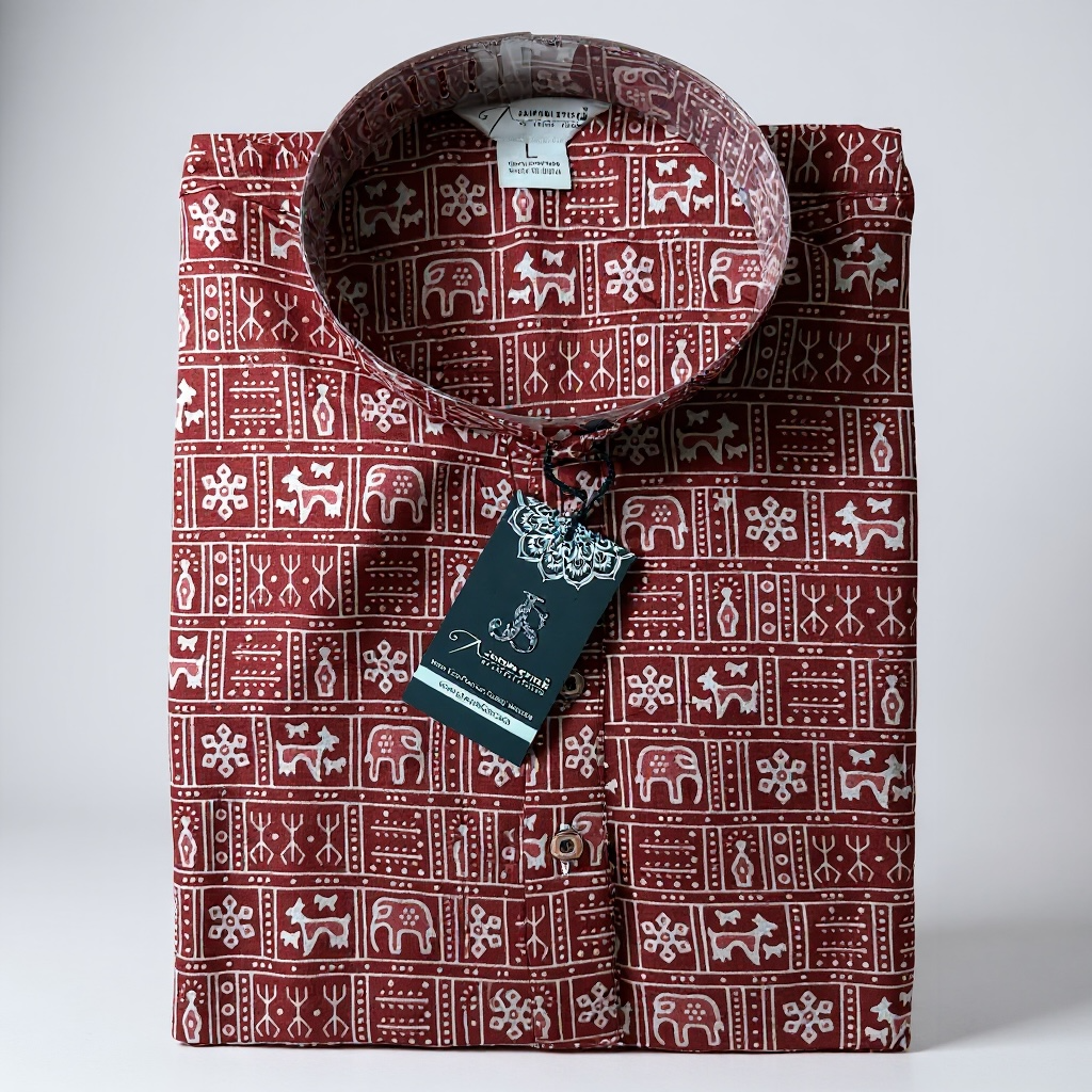 Rust Red Block Tiles Printed Full Sleeves Long Kurta for Men