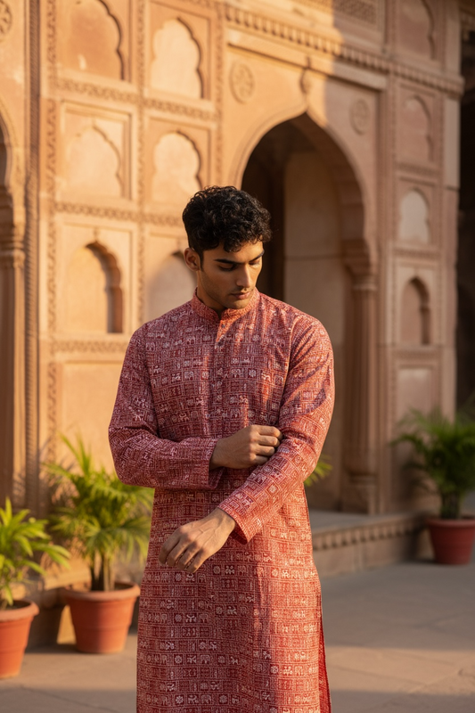 Rust Red Block Tiles Printed Full Sleeves Long Kurta for Men