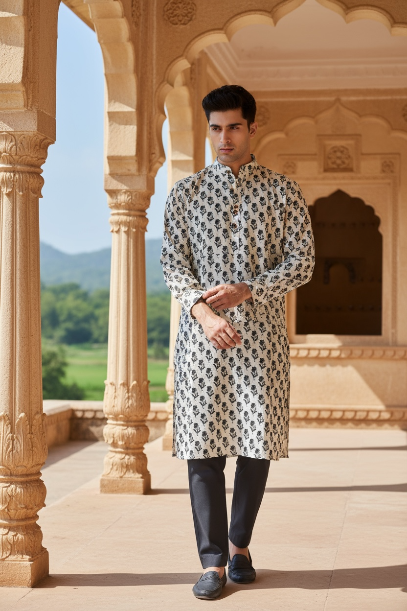 Ivory Black Booti Printed Full Sleeves long Kurta for Mens