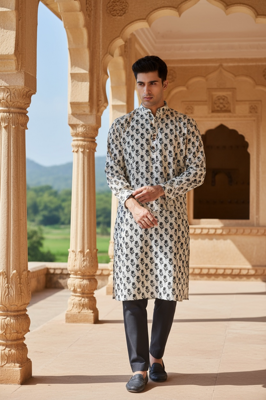 Ivory Black Booti Printed Full Sleeves long Kurta for Mens