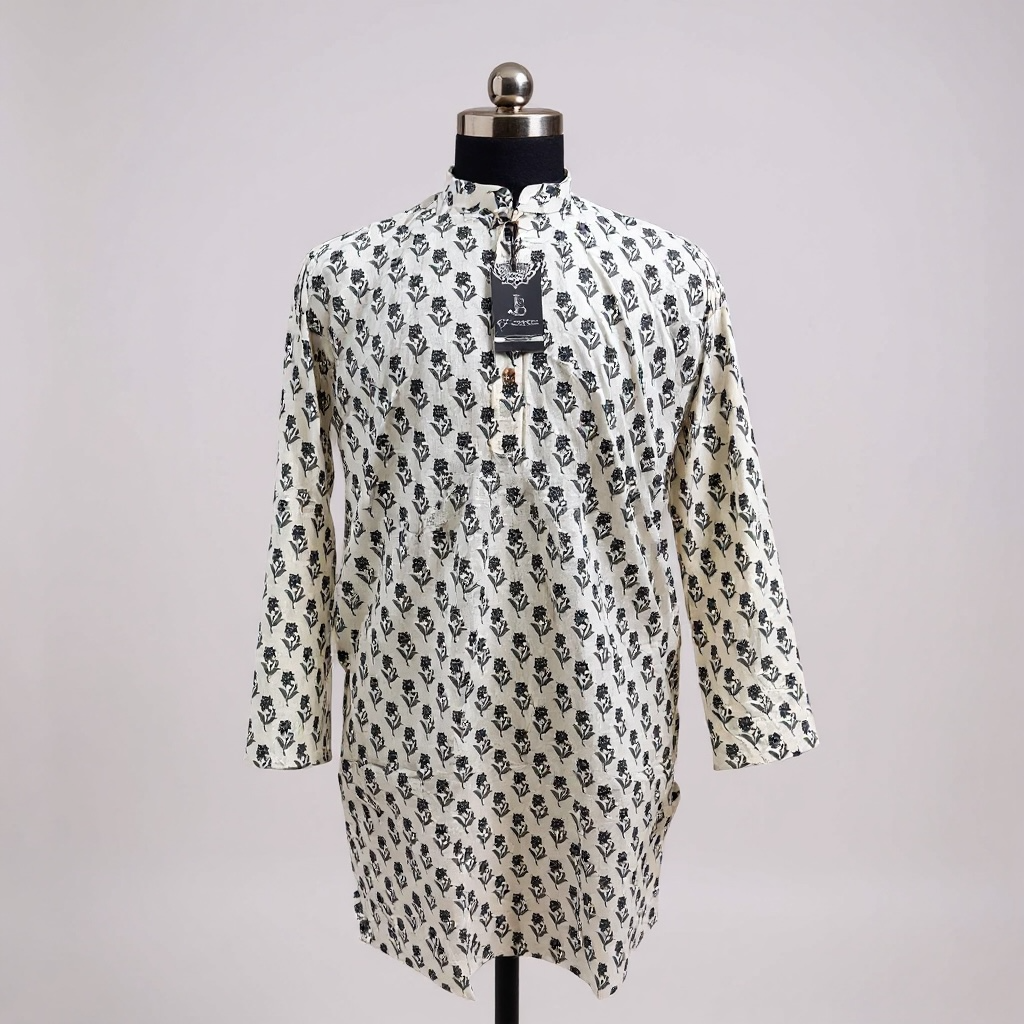 Ivory Black Booti Printed Full Sleeves long Kurta for Mens