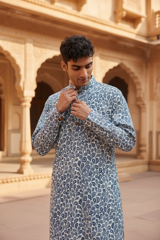 Indigo Paisley Vine Printed Full Sleeves Long Kurta for Men