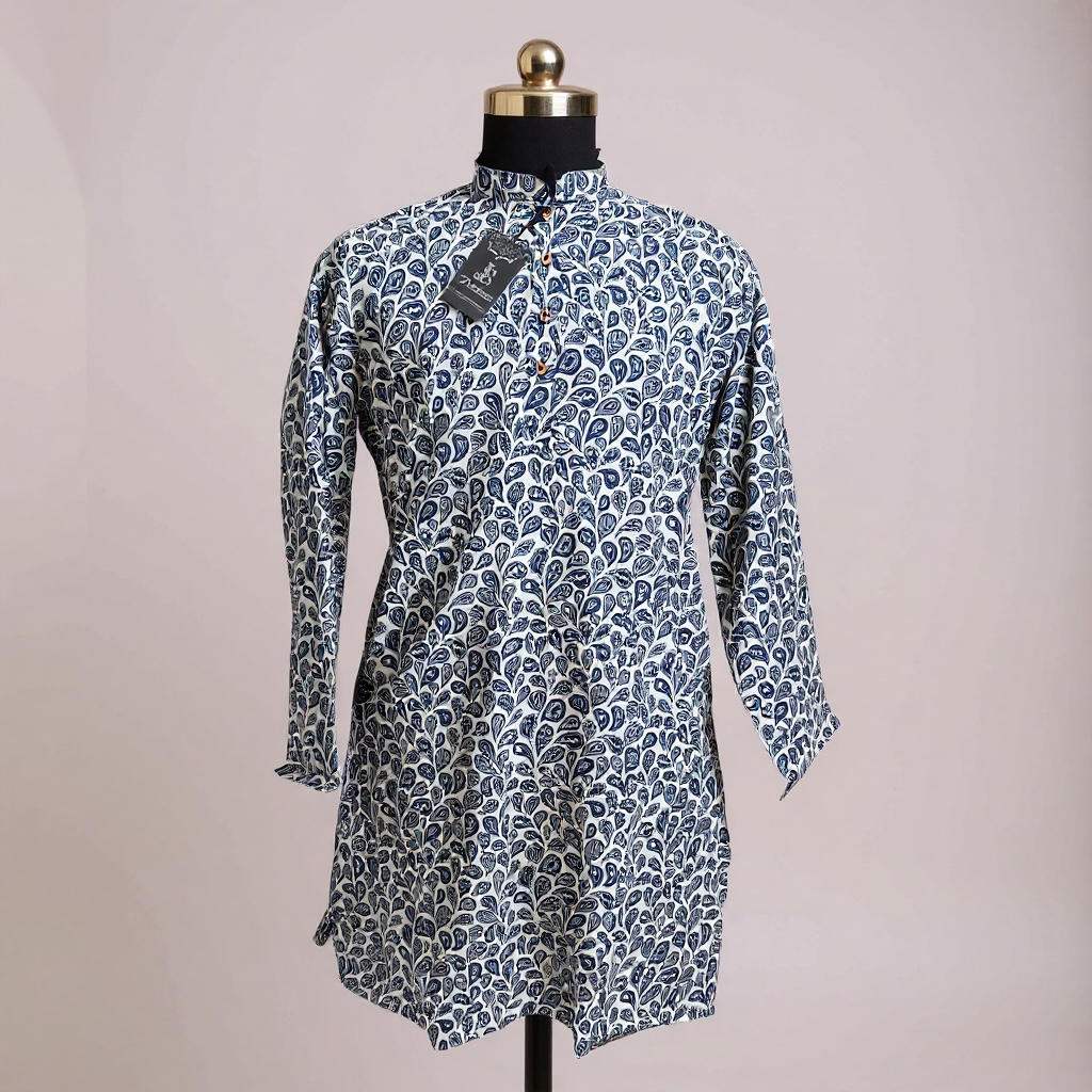 Indigo Paisley Vine Printed Full Sleeves Long Kurta for Men