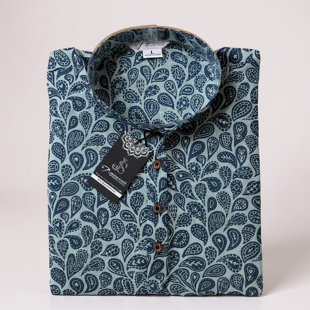 Indigo Paisley Vine Printed Full Sleeves Long Kurta for Men