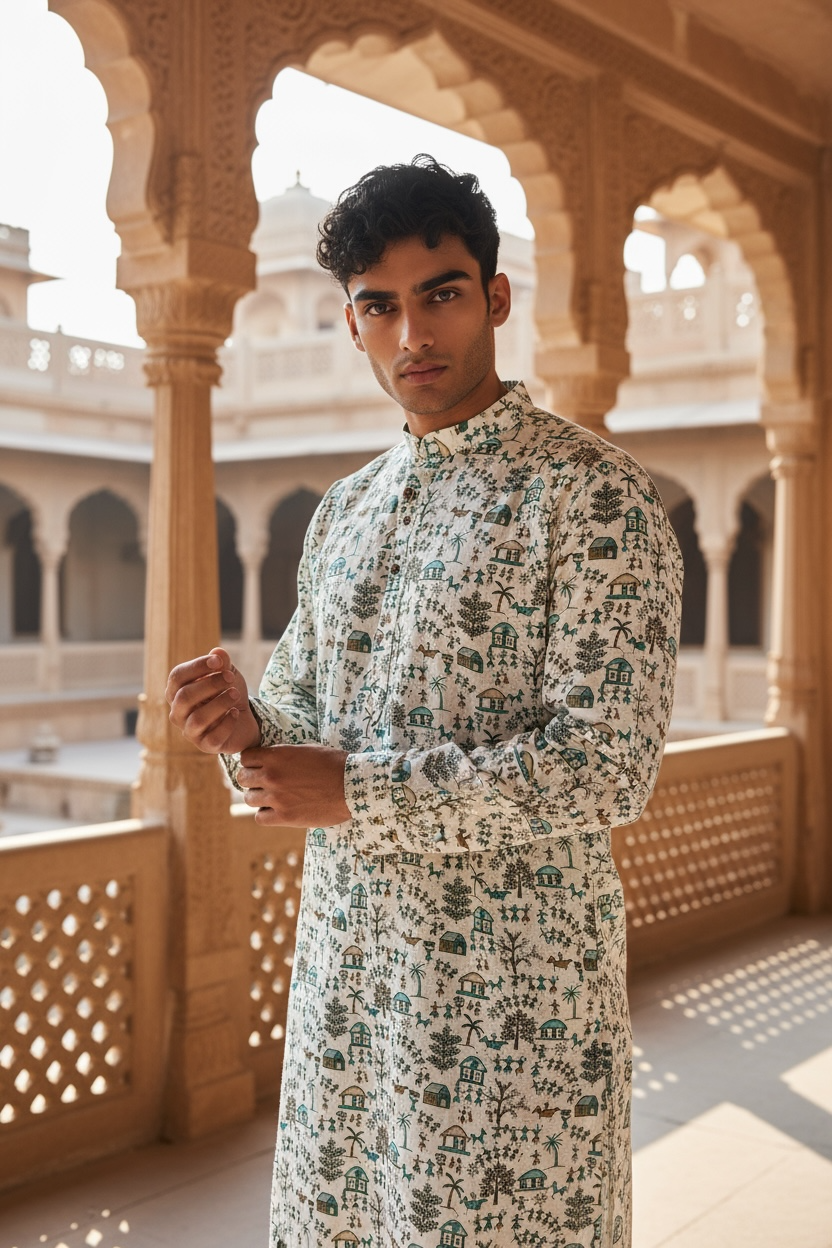 Ivory Warli Printed Full Sleeves Long Kurta for Men