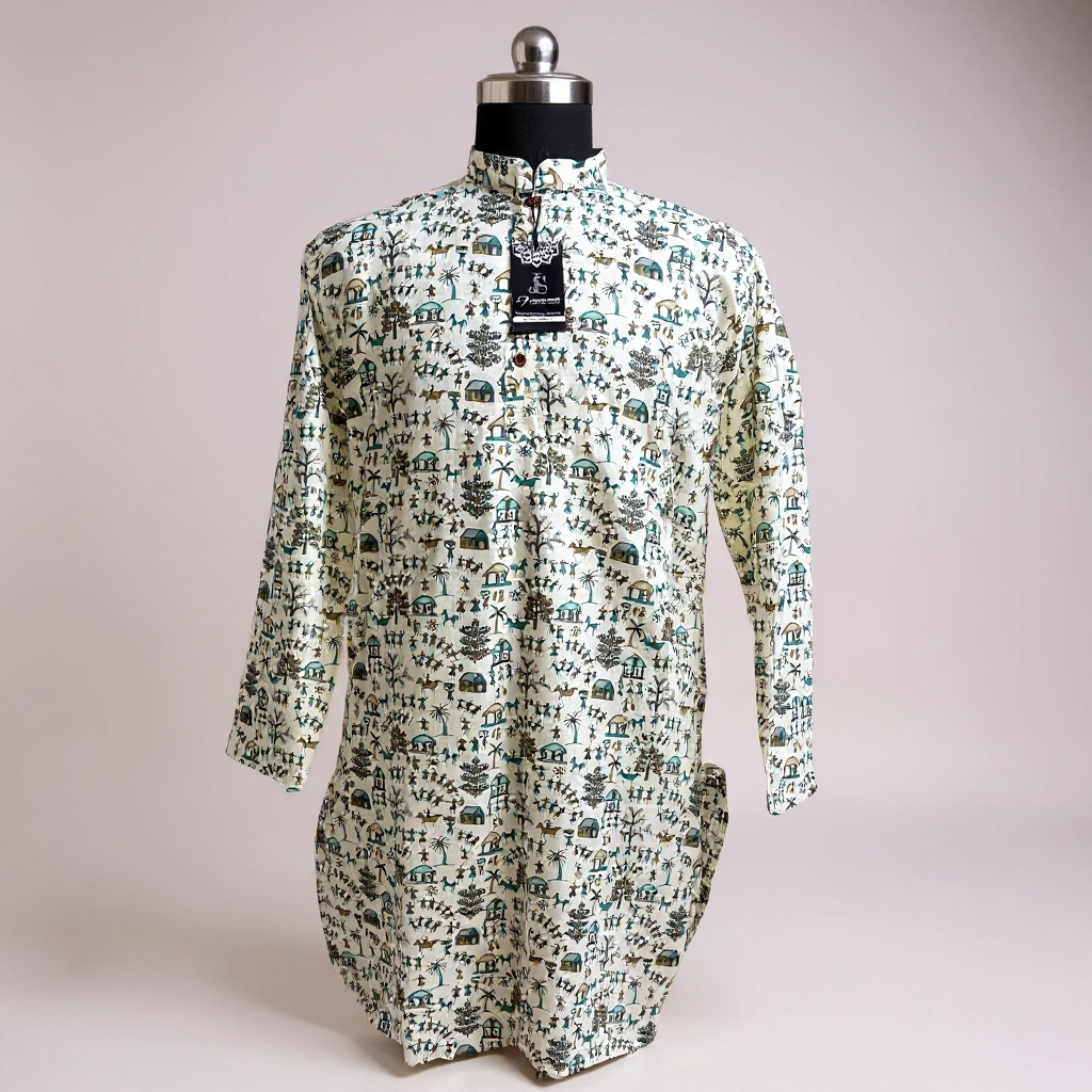 Ivory Warli Printed Full Sleeves Long Kurta for Men