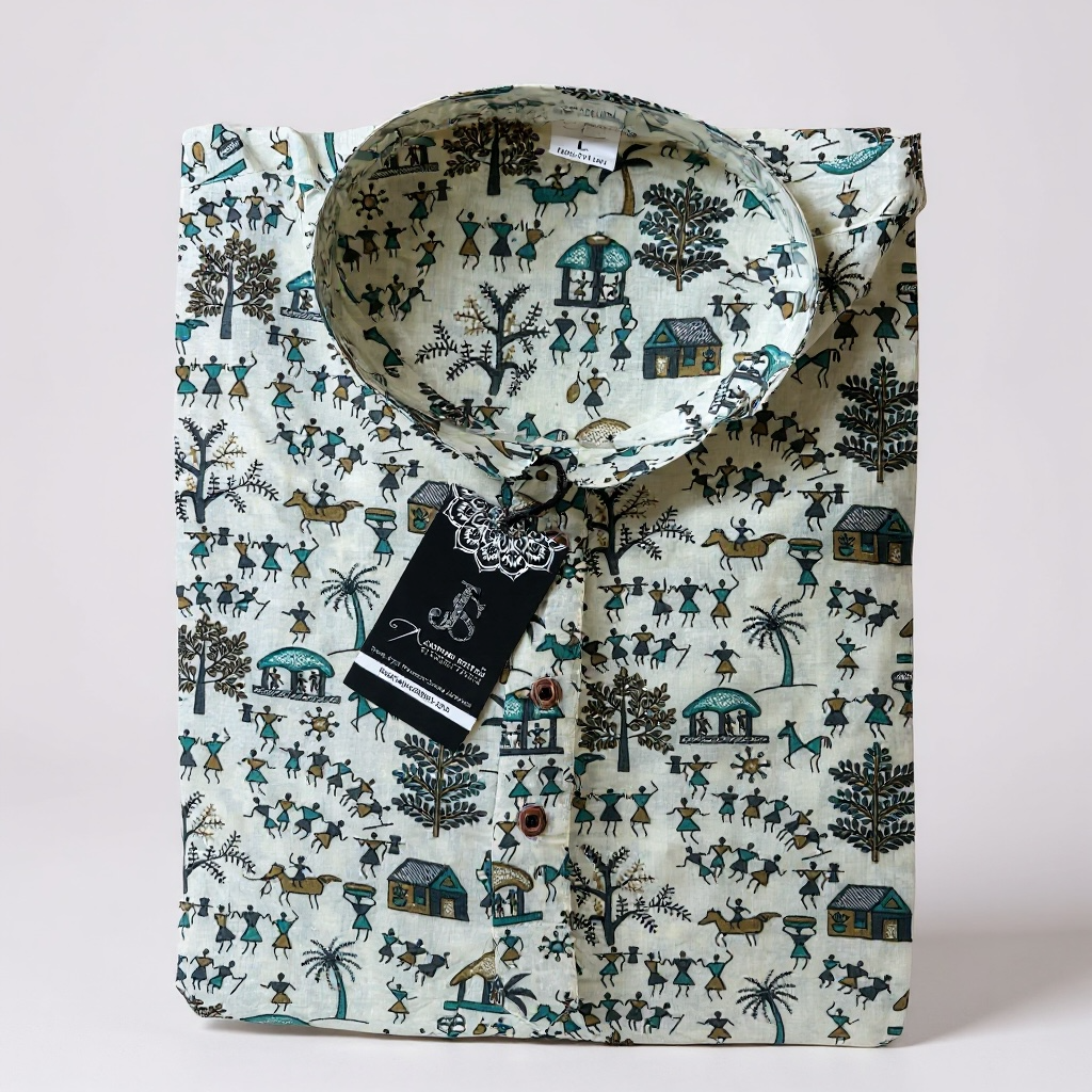 Ivory Warli Printed Full Sleeves Long Kurta for Men