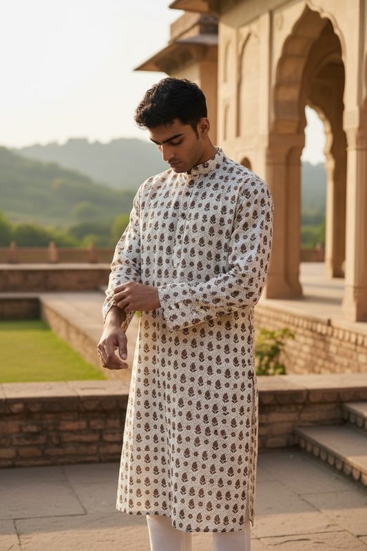Ivory Maroon Boota Printed Full Sleeves Long Kurta for Men