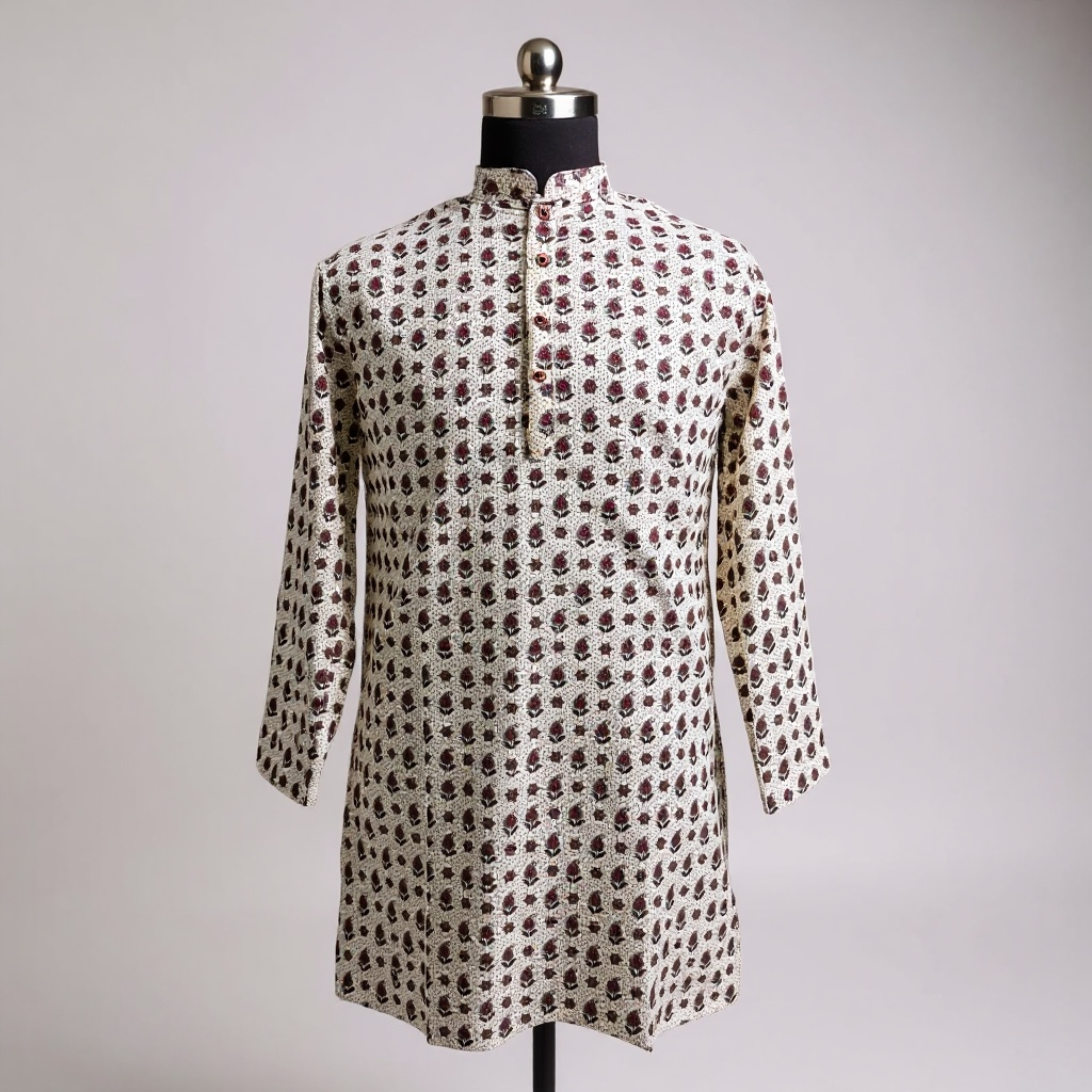 Ivory Maroon Boota Printed Full Sleeves Long Kurta for Men