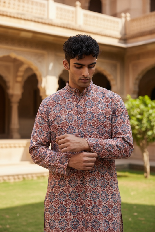 Maroon and Blue Ajrak Printed Full Sleeves Long Kurta for Men