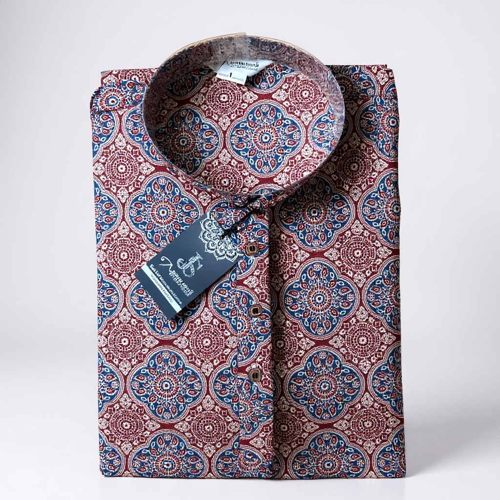 Maroon and Blue Ajrak Printed Full Sleeves Long Kurta for Men