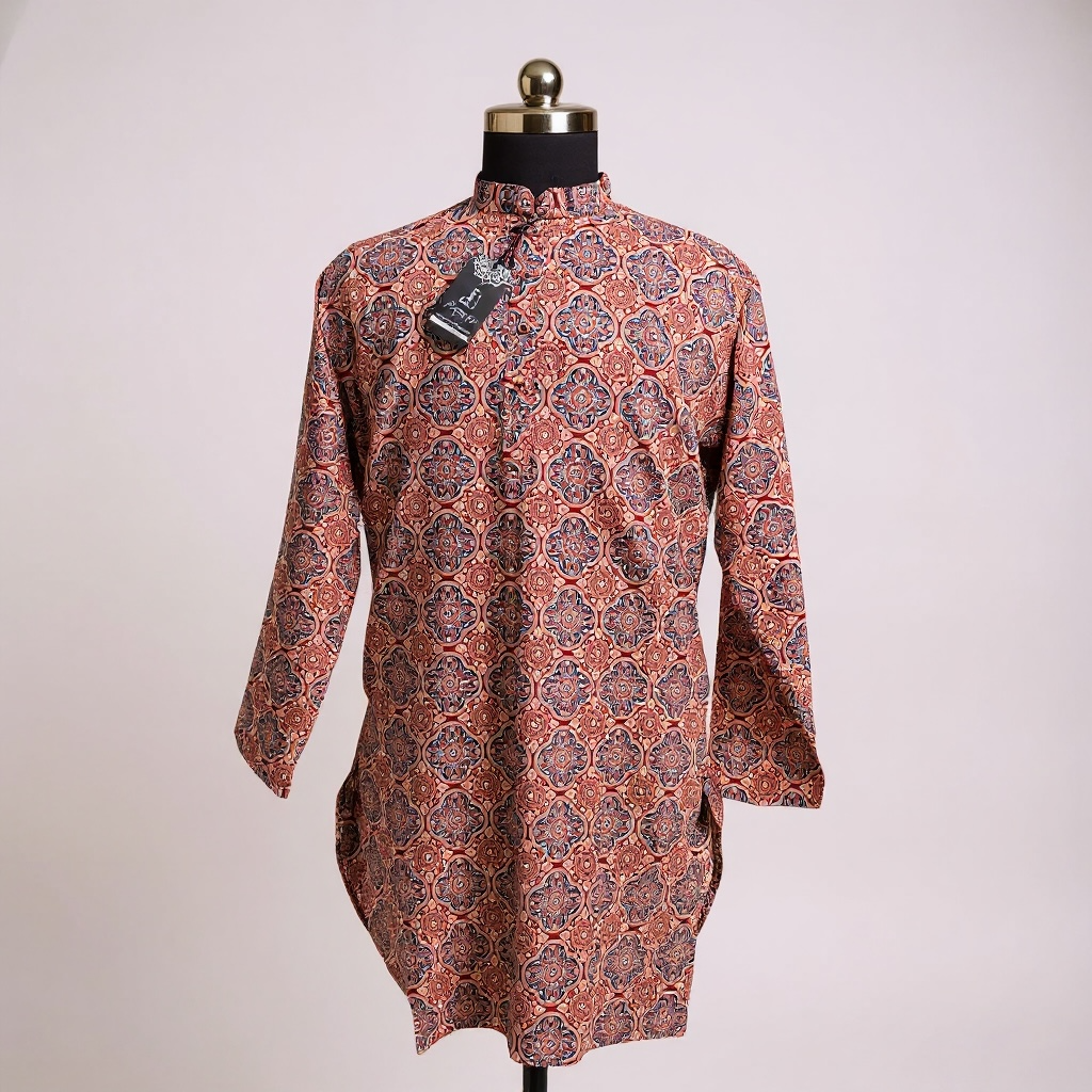 Maroon and Blue Ajrak Printed Full Sleeves Long Kurta for Men