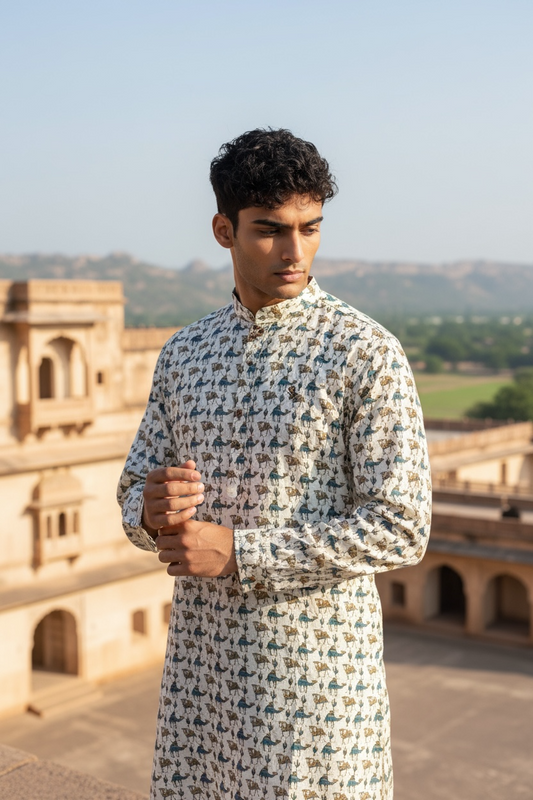 Ivory Camel Printed Full Sleeves long Kurta for Mens