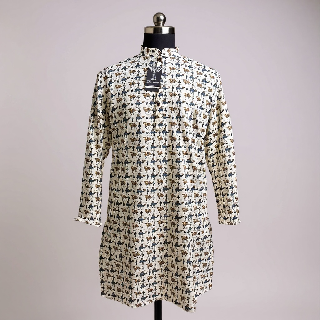 Ivory Camel Printed Full Sleeves long Kurta for Mens