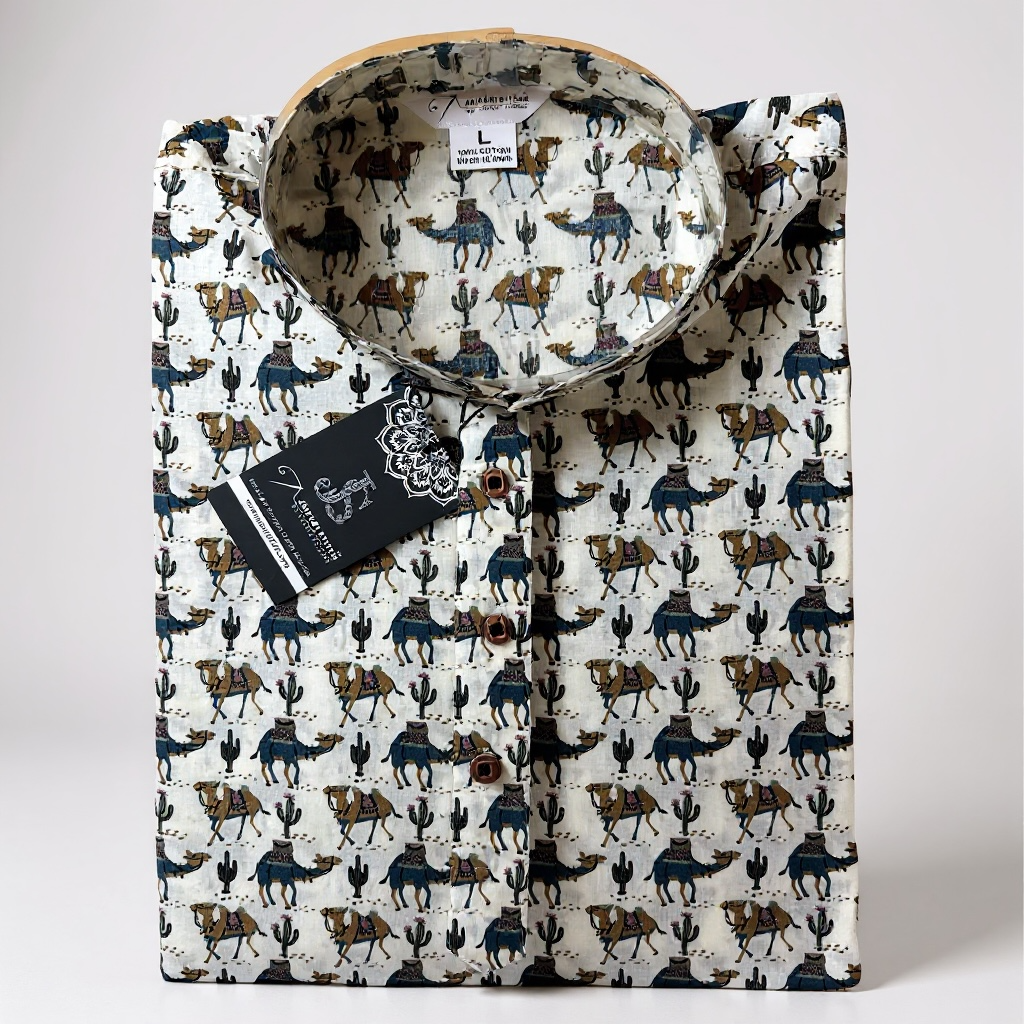 Ivory Camel Printed Full Sleeves long Kurta for Mens