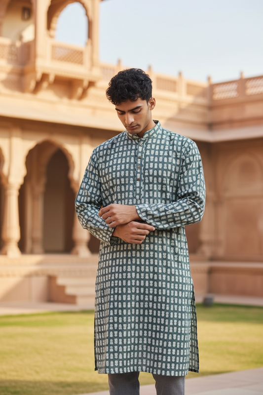 Grey Stamp Printed Full Sleeves long Kurta for Mens