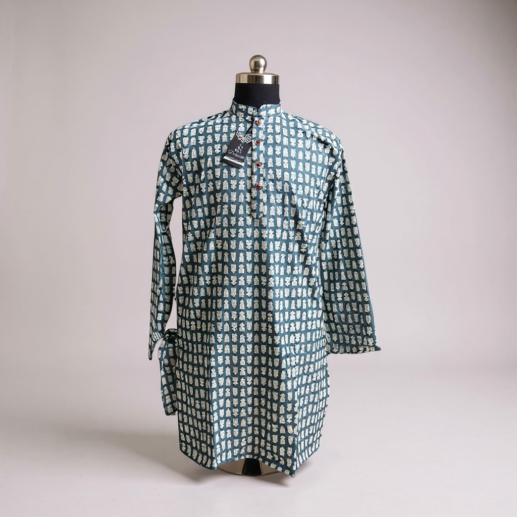 Grey Stamp Printed Full Sleeves long Kurta for Mens
