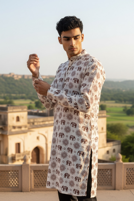 White and Maroon Elephant Printed Full Sleeves long Kurta for Mens
