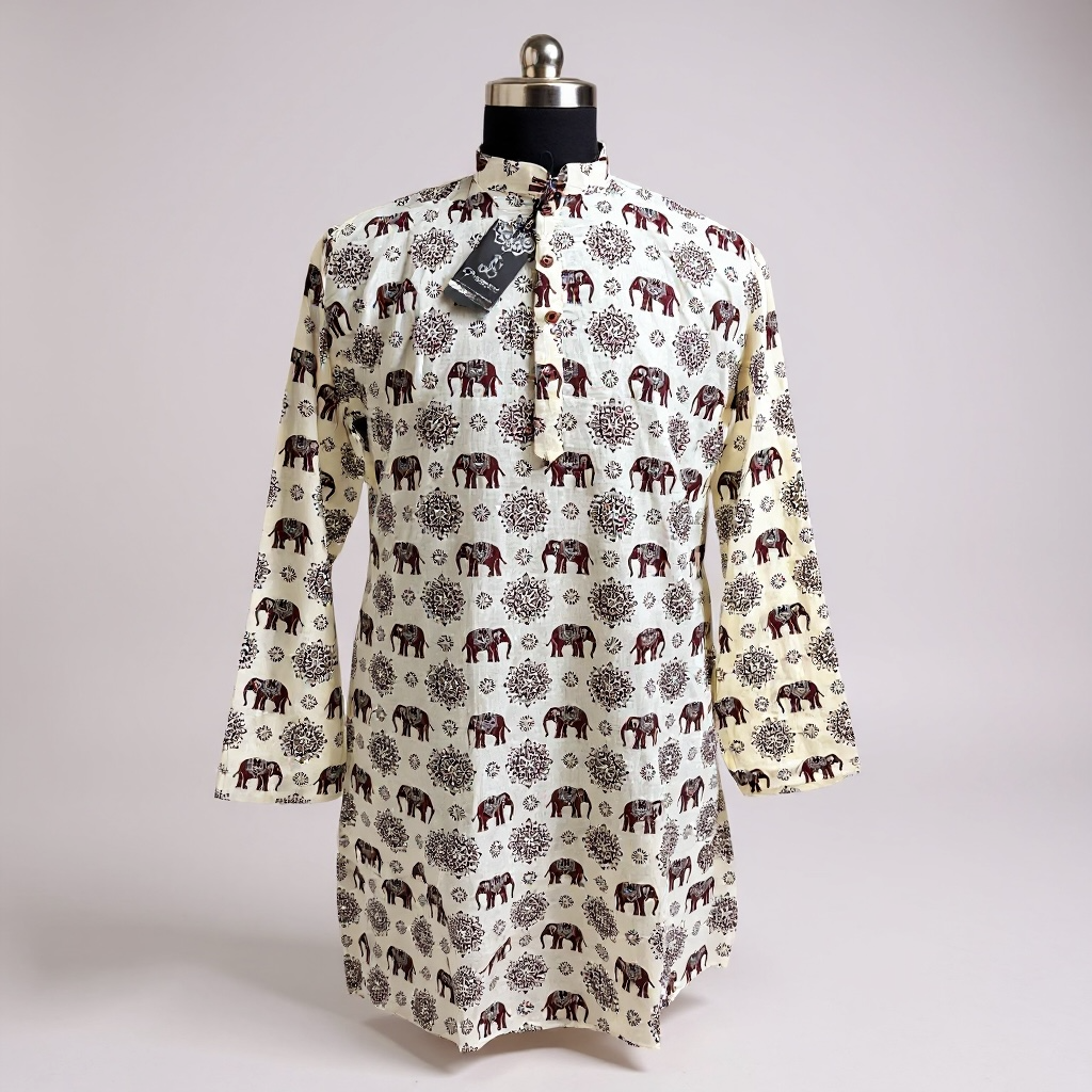 White and Maroon Elephant Printed Full Sleeves long Kurta for Mens
