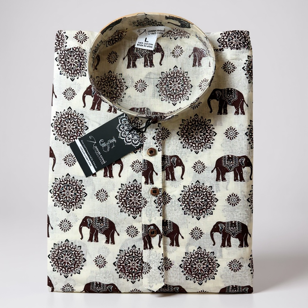 White and Maroon Elephant Printed Full Sleeves long Kurta for Mens