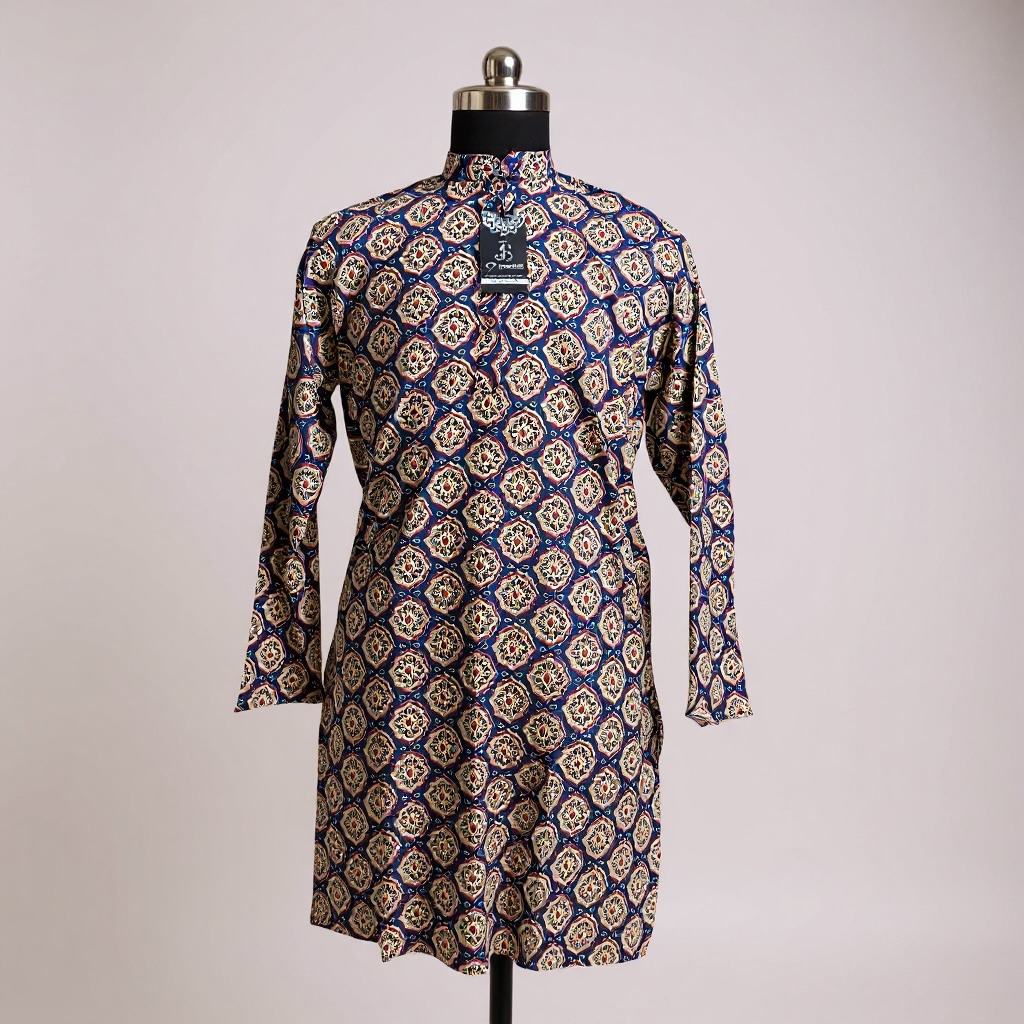 Blue Ajrak Jaal Printed Full Sleeves Long Kurta for Men