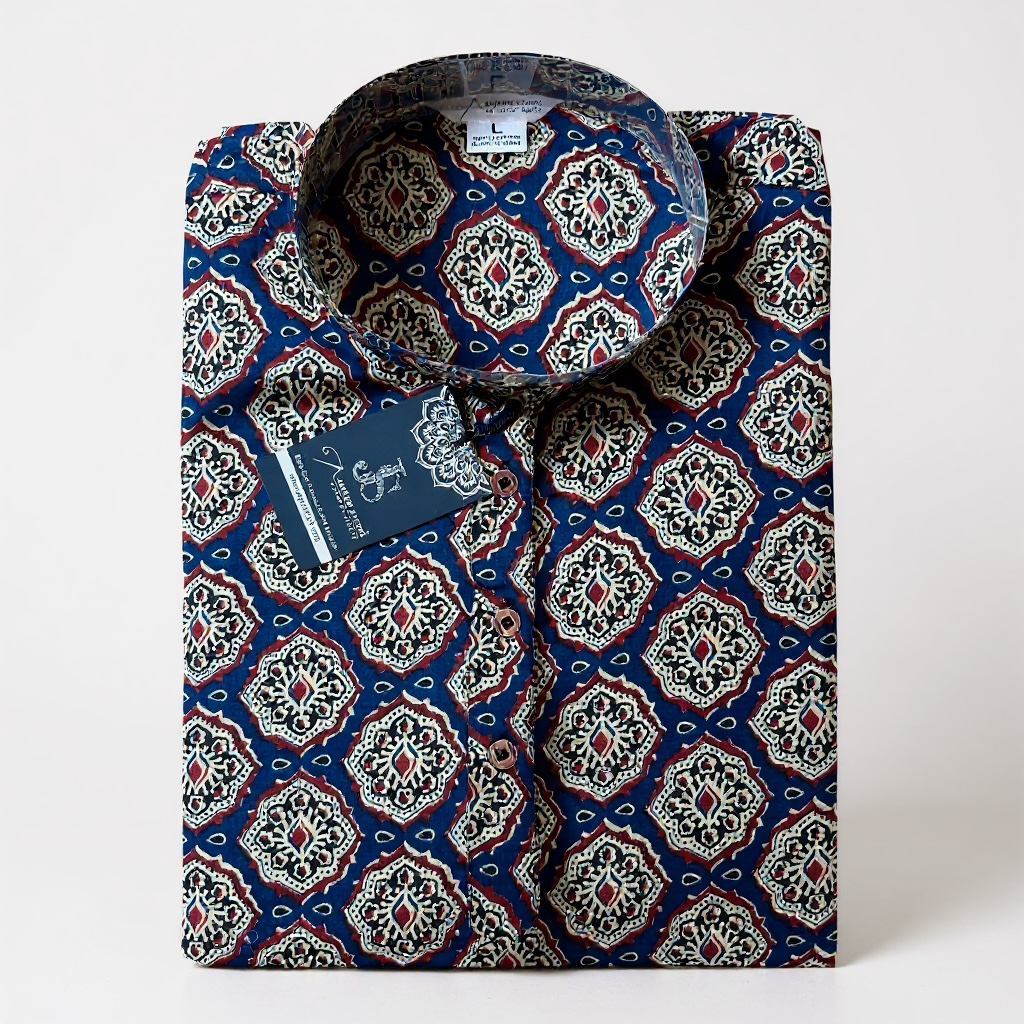 Blue Ajrak Jaal Printed Full Sleeves Long Kurta for Men