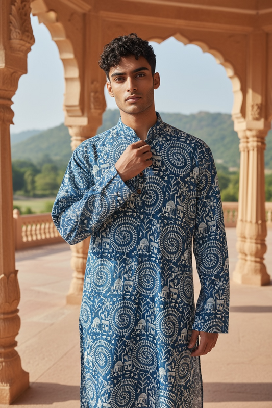 Blue Warli Printed Full Sleeves Long Kurta for Men