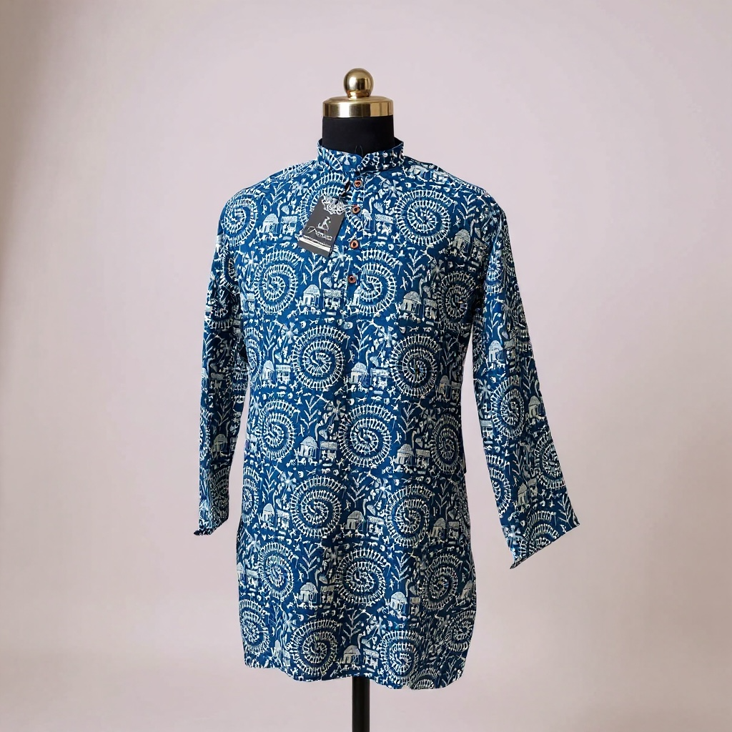 Blue Warli Printed Full Sleeves Long Kurta for Men