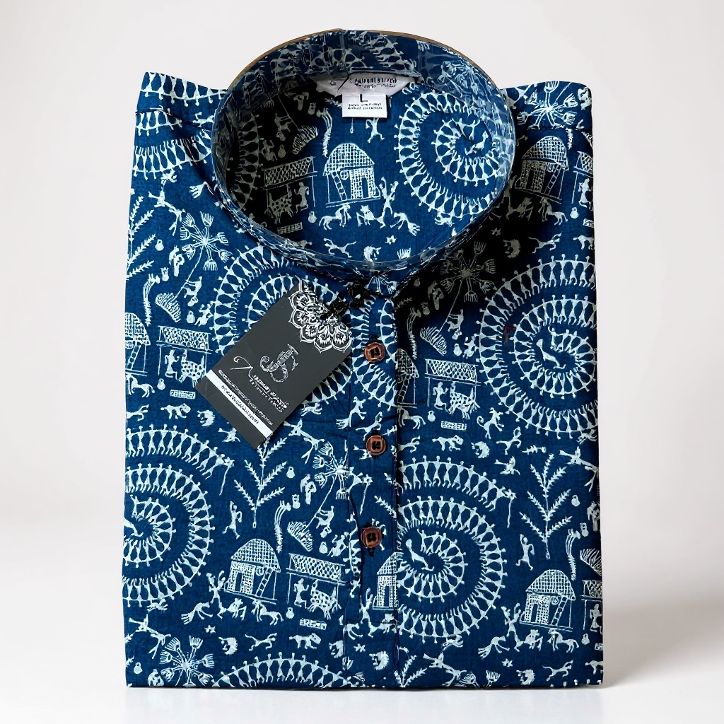 Blue Warli Printed Full Sleeves Long Kurta for Men