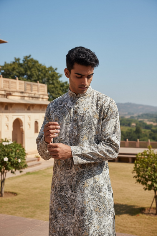 Ash Grey Paisley Printed Full Sleeves Long Kurta for Men