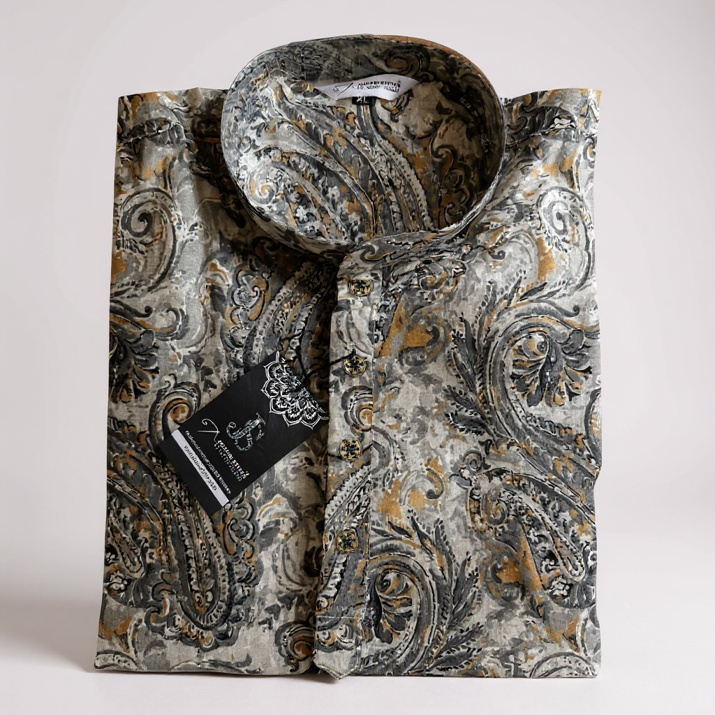 Ash Grey Paisley Printed Full Sleeves Long Kurta for Men