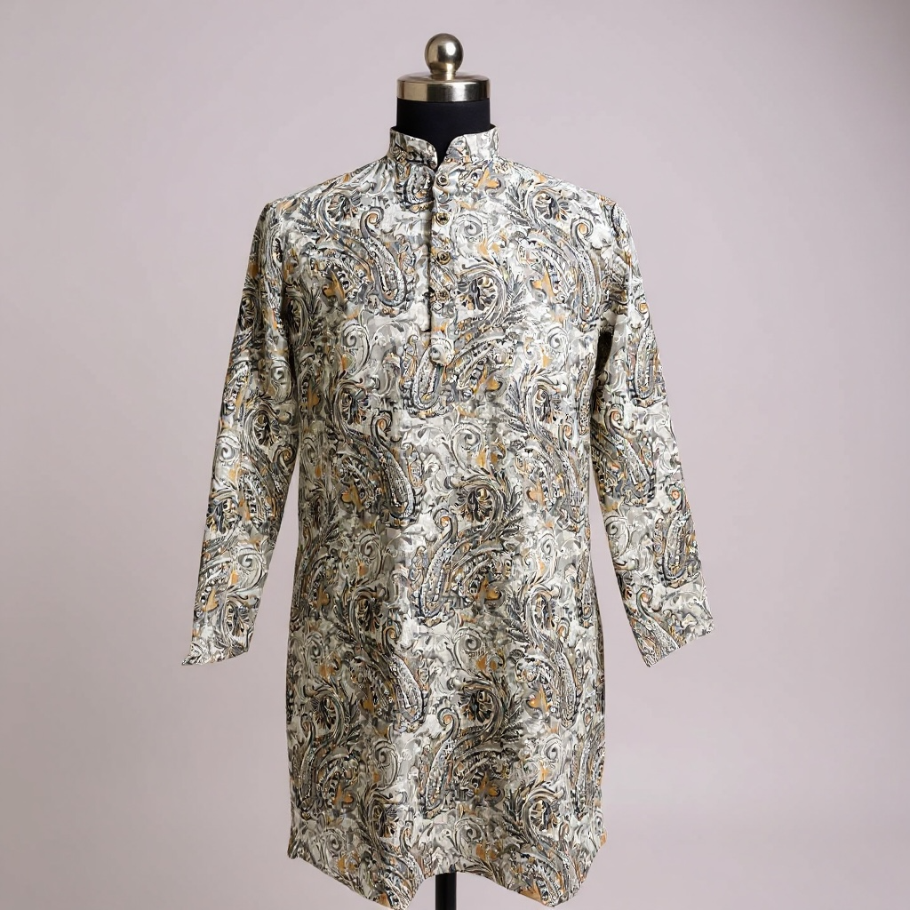 Ash Grey Paisley Printed Full Sleeves Long Kurta for Men