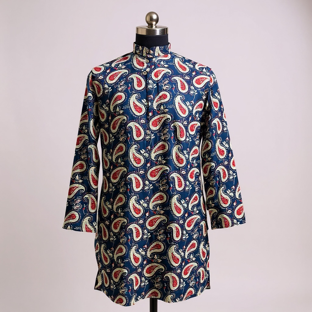 Navy Maroon Paisley Printed Full Sleeves Long Kurta for Men