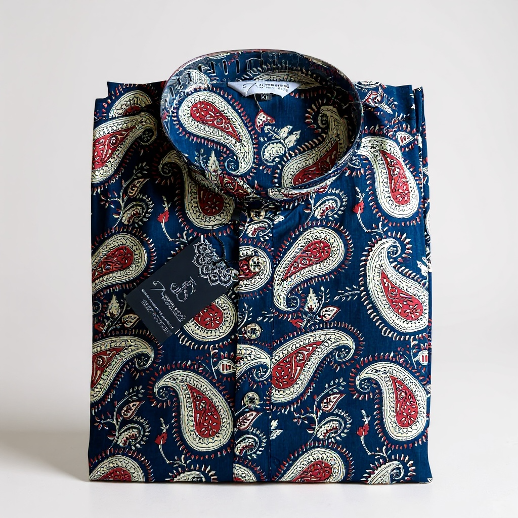 Navy Maroon Paisley Printed Full Sleeves Long Kurta for Men