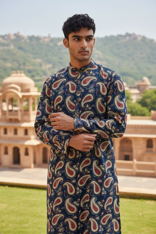 Navy Maroon Paisley Printed Full Sleeves Long Kurta for Men