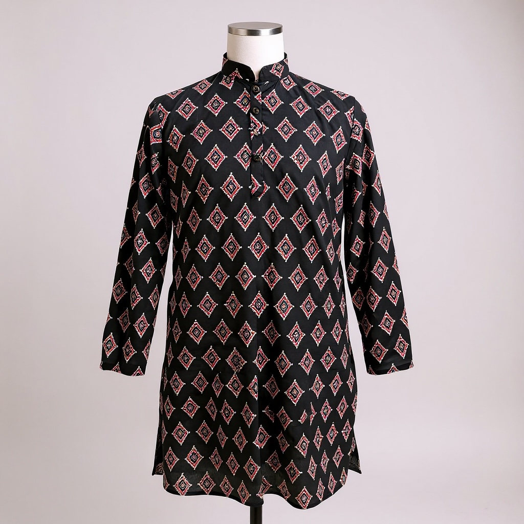Black Diamond Motif Printed Full Sleeves Long Kurta for Men