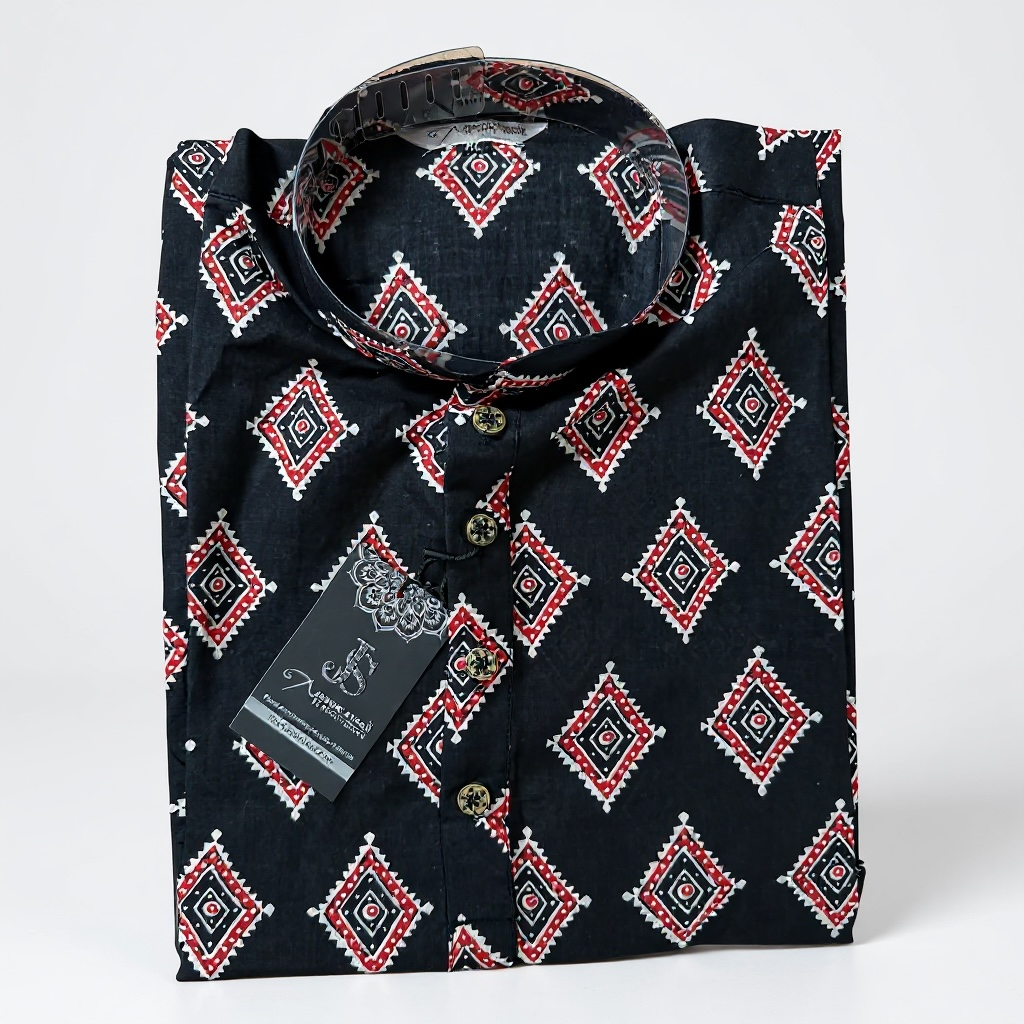 Black Diamond Motif Printed Full Sleeves Long Kurta for Men