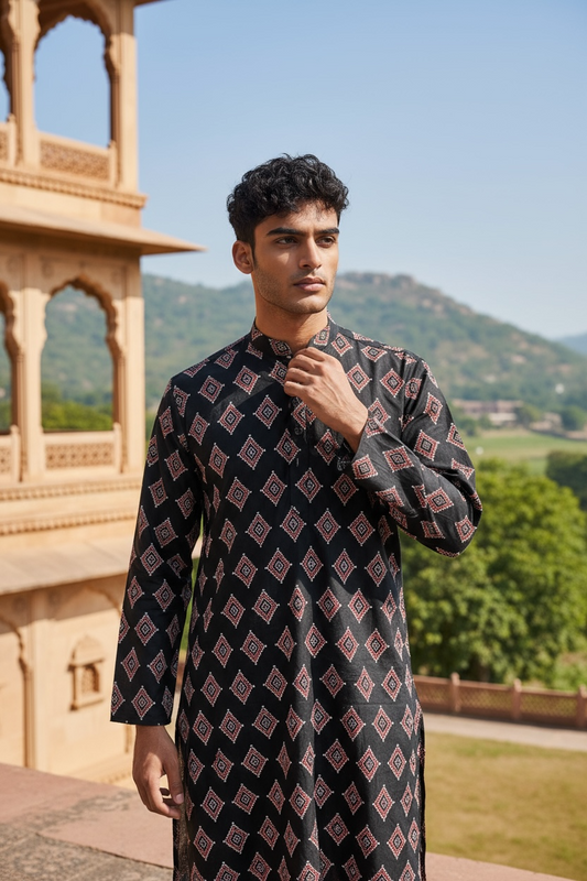 Black Diamond Motif Printed Full Sleeves Long Kurta for Men