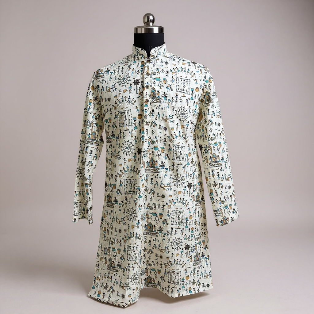 Ivory Warli Folk Art Printed Full Sleeves Long Kurta for Men