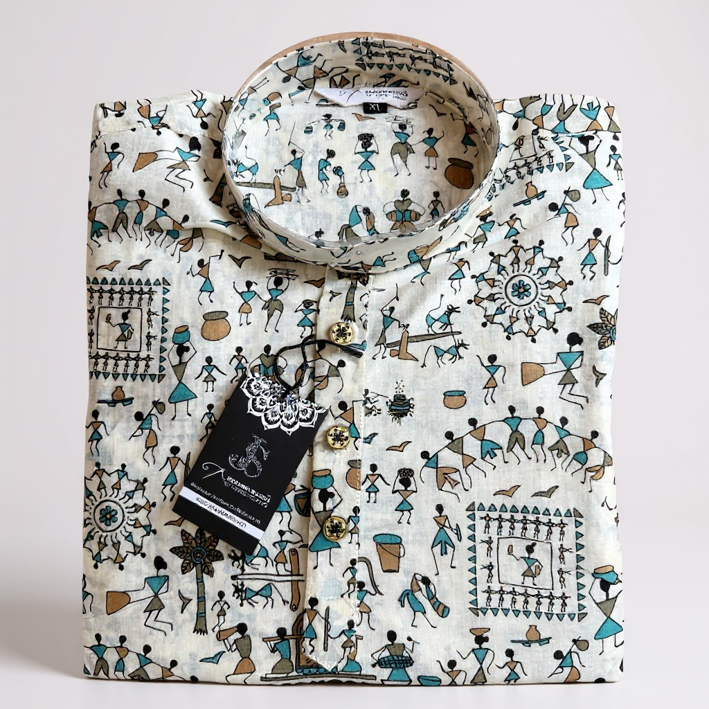 Ivory Warli Folk Art Printed Full Sleeves Long Kurta for Men