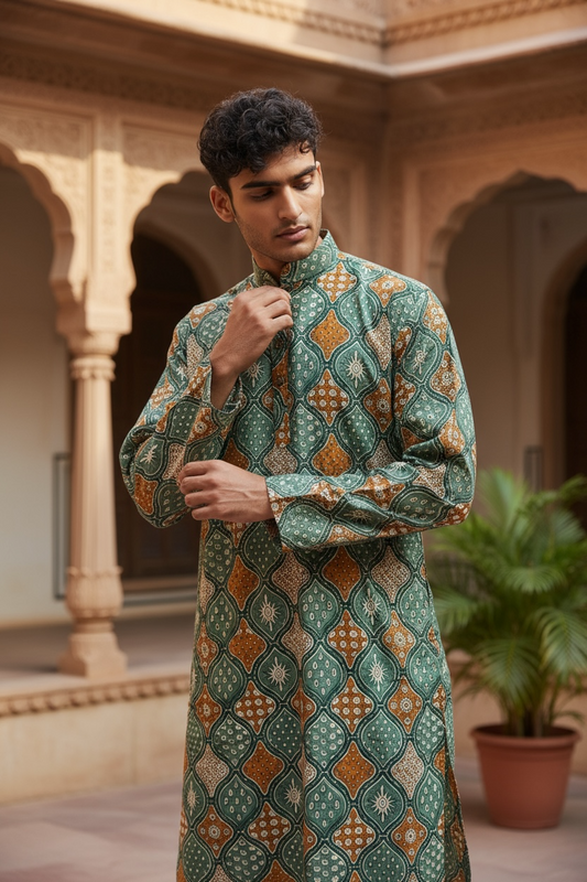 Green Mustard Tile Printed Full Sleeves Long Kurta for Men