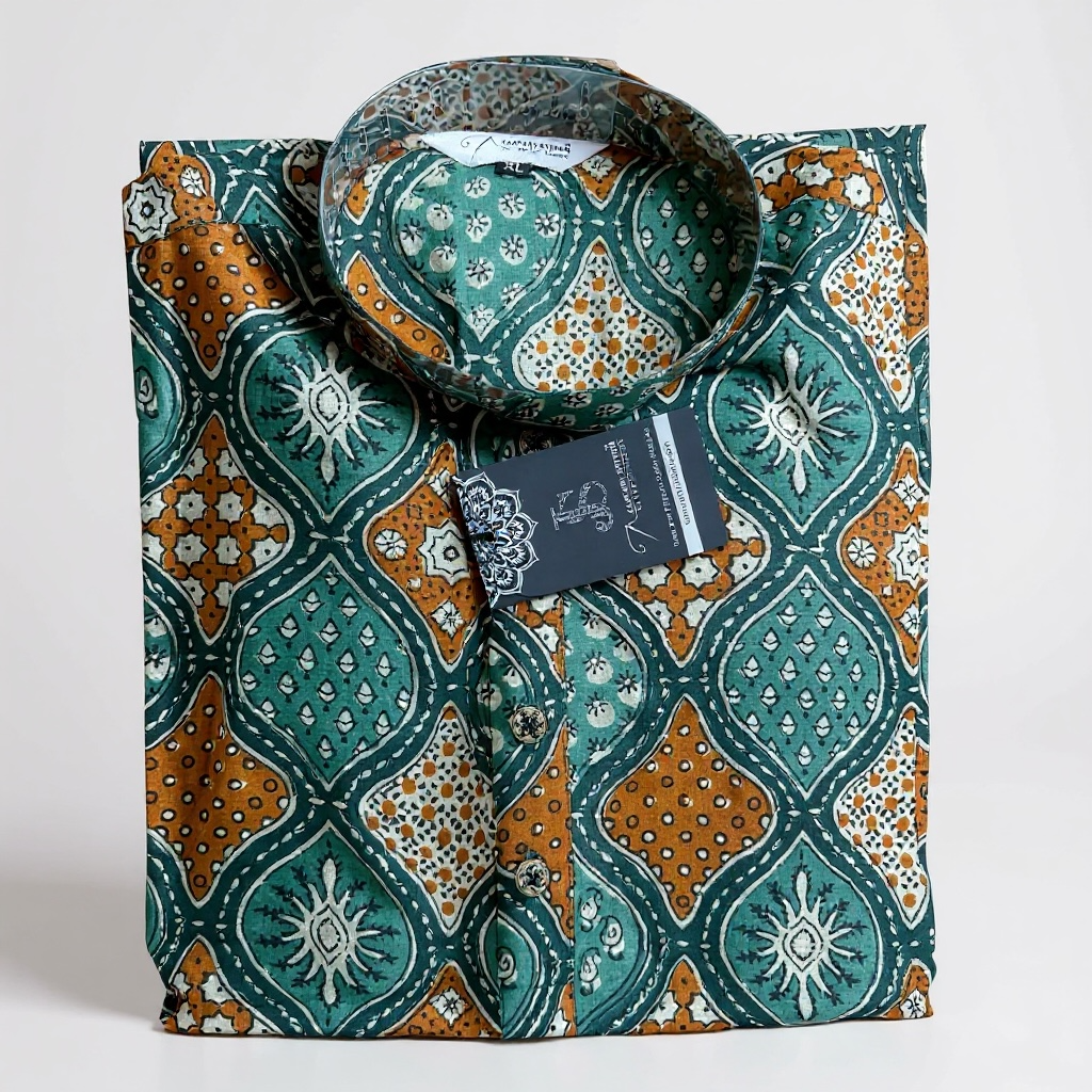 Green Mustard Tile Printed Full Sleeves Long Kurta for Men