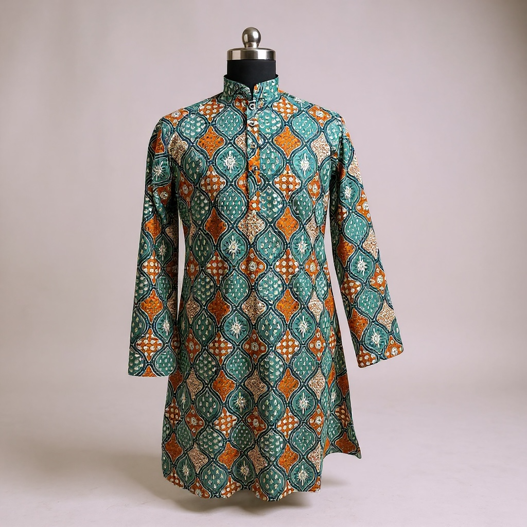 Green Mustard Tile Printed Full Sleeves Long Kurta for Men