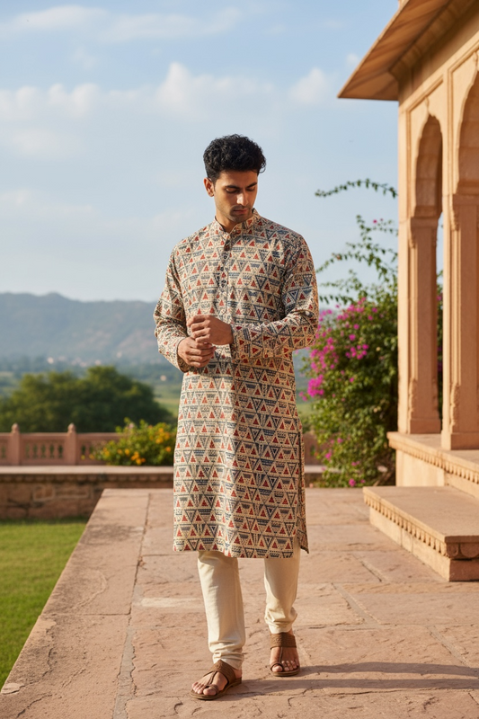 Beige Triangles Printed Full Sleeves Long Kurta for Men